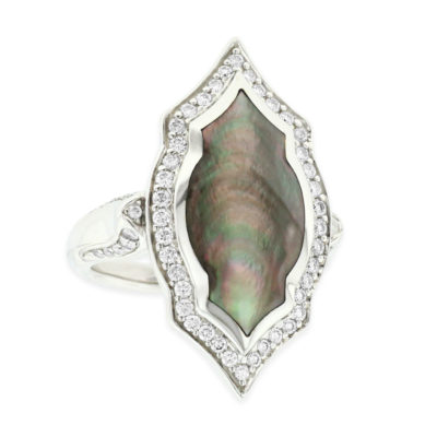 14 KT white gold Ring with inlay  and diamonds