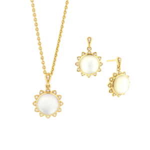 14kt yellow gold sun pendant and earrings with white mother of pearl