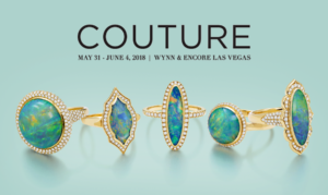 Couture show info and variety of yellow gold Kabana rings with Australian Crystal Opal inlay