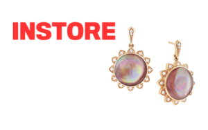 Instore logo and 14K rose gold Kabana sun earrings with pink mother of pearl inlay and diamonds